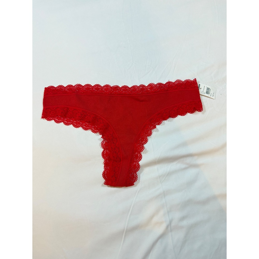 Full Tilt Women Red Ribbed Seamless Lace Trim Thong Panty XL 37144